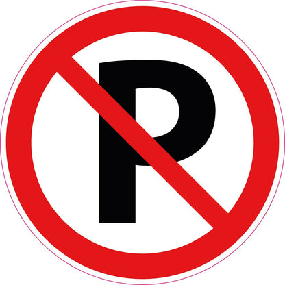 Niet parkeren sticker rond - rood wit zwart pictogram met doorgestreepte P, verboden te parkeren