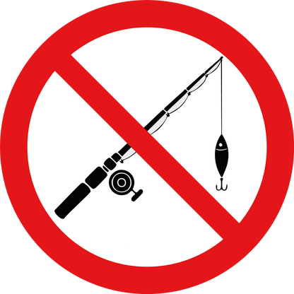 Verboden te vissen sticker, rood-wit rond pictogram met doorgestreepte hengel, 20 cm