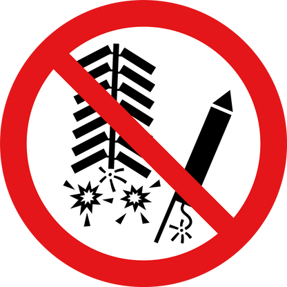 Verboden vuurwerk afsteken sticker, rood-wit rond pictogram met doorgestreept vuurwerk, 20 cm