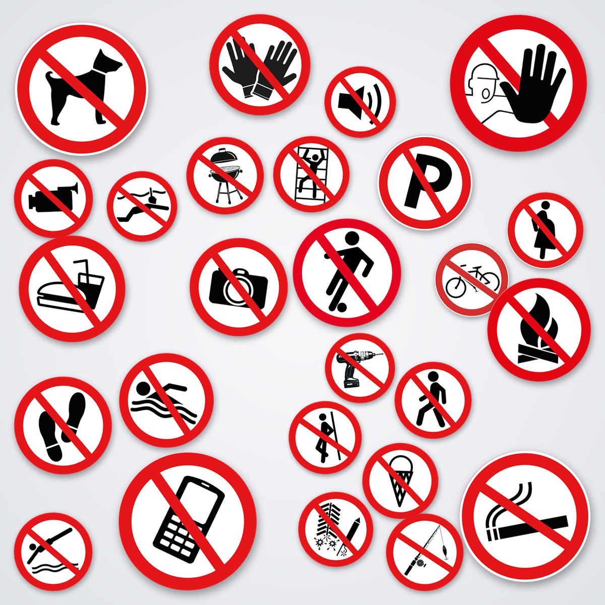 Verzameling verbodsstickers: ronde ISO 7010 pictogramstickers van Ricard