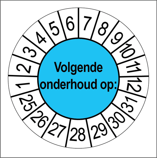Keuringssticker Volgende Onderhoud, blauw met witte cijferrand, rond 35 mm vinyl
