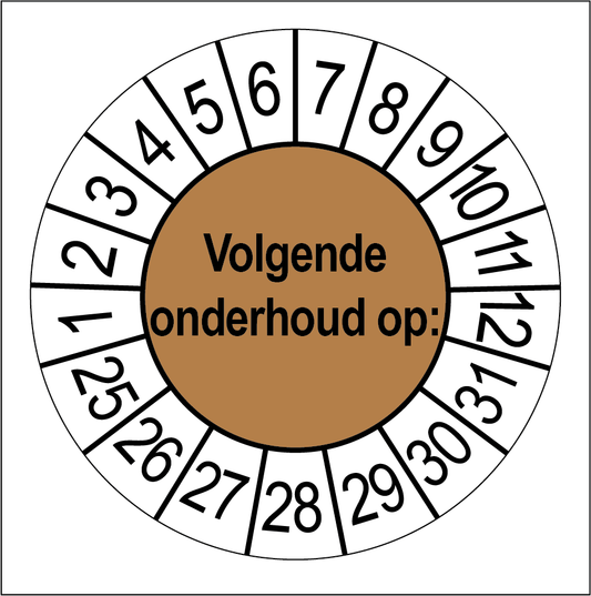 Keuringssticker Volgende Onderhoud, bruin met witte cijferrand, rond 35 mm vinyl