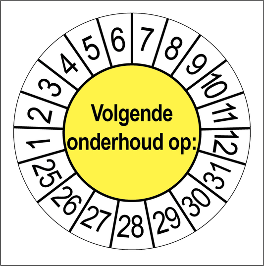 Keuringssticker Volgende Onderhoud, geel met witte cijferrand, rond 35 mm vinyl