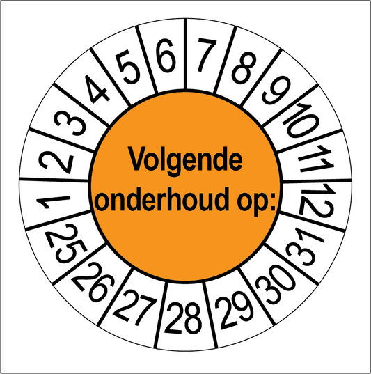 Keuringssticker Volgende Onderhoud, oranje met witte cijferrand, rond 35 mm vinyl