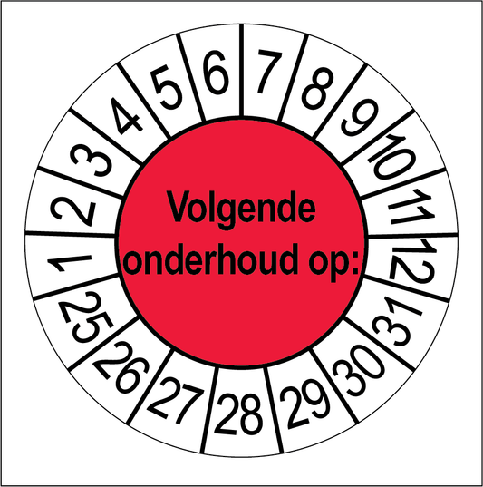 Keuringssticker Volgende Onderhoud, rood met witte cijferrand, rond 35 mm vinyl