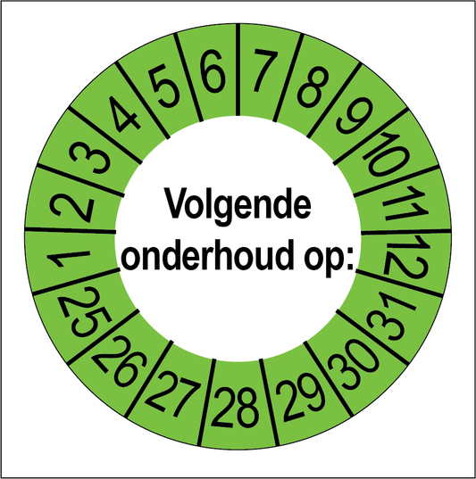 Keuringssticker Volgende Onderhoud, wit met groene buitenrand, rond 35 mm vinyl