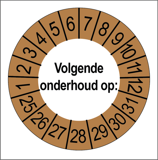 Keuringssticker Volgende Onderhoud, wit met bruine buitenrand, rond 35 mm vinyl