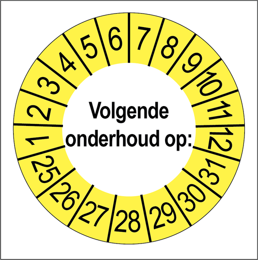 Keuringssticker Volgende Onderhoud, wit met gele buitenrand, rond 35 mm vinyl