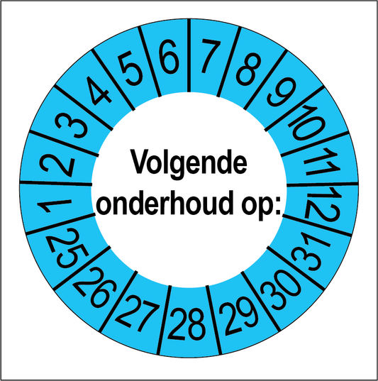 Keuringssticker Volgende Onderhoud, wit met blauwe buitenrand, rond 35 mm vinyl
