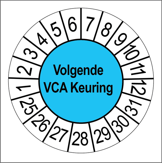 Keuringssticker Volgende VCA Keuring, blauw met witte cijferrand, rond 35 mm vinyl