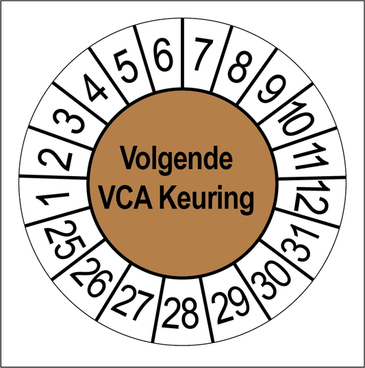 Keuringssticker Volgende VCA Keuring, bruin met witte cijferrand, rond 35 mm vinyl