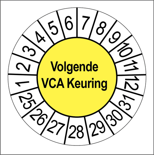 Keuringssticker Volgende VCA Keuring, geel met witte cijferrand, rond 35 mm vinyl