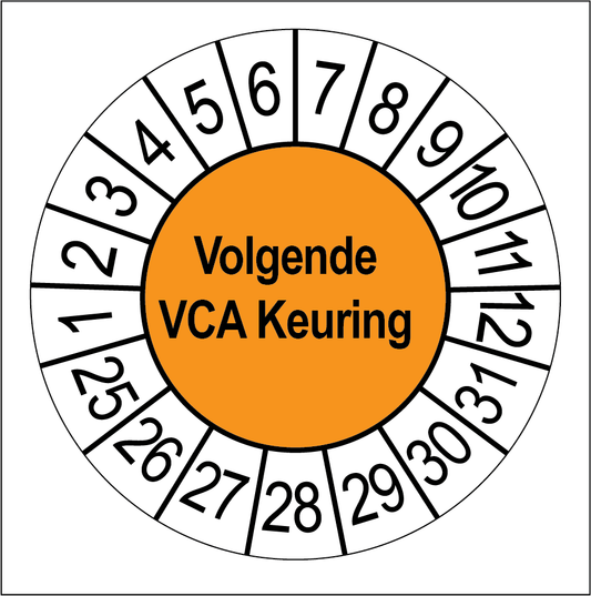 Keuringssticker Volgende VCA Keuring, oranje met witte cijferrand, rond 35 mm vinyl
