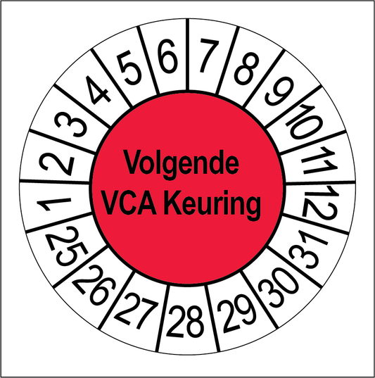 Keuringssticker Volgende VCA Keuring, rood met witte cijferrand, rond 35 mm vinyl