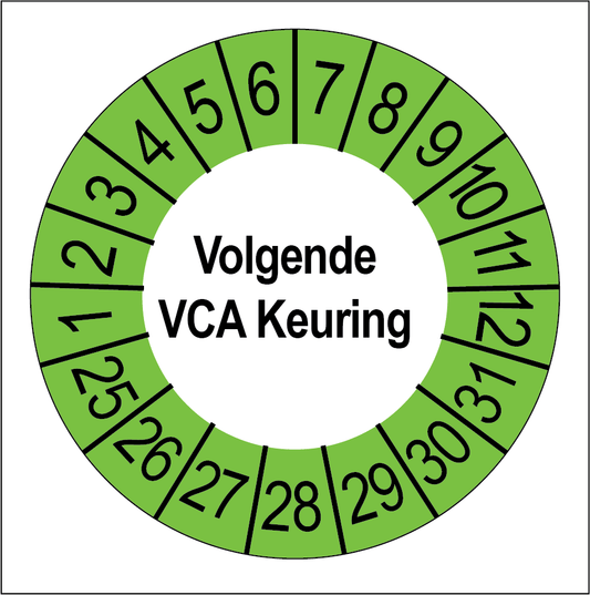 Keuringssticker Volgende VCA Keuring, wit met groene buitenrand, rond 35 mm vinyl