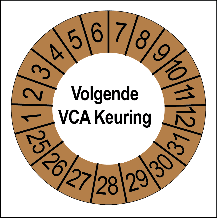 Keuringsstickers Volgende VCA Keuring Bruine Buitenrand - Rond 35 mm - Ricard