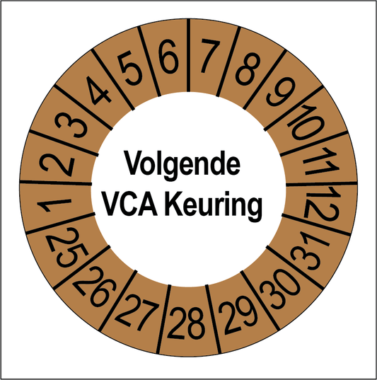 Keuringssticker Volgende VCA Keuring, wit met bruine buitenrand, rond 35 mm vinyl