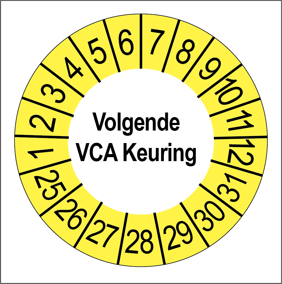 Keuringsstickers Volgende VCA Keuring Gele Buitenrand - Rond 35 mm - Ricard