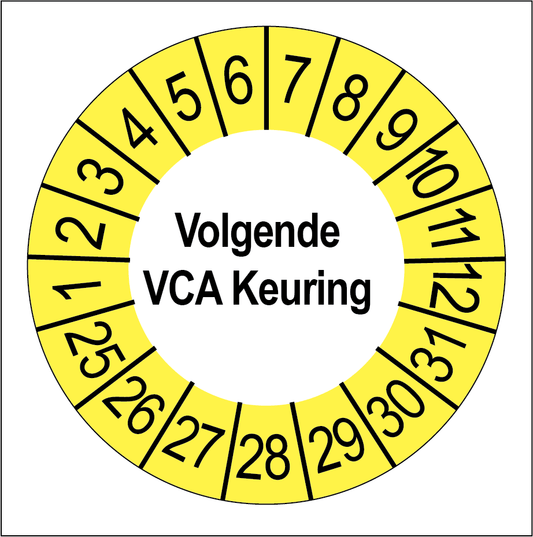 Keuringssticker Volgende VCA Keuring, wit met gele buitenrand, rond 35 mm vinyl