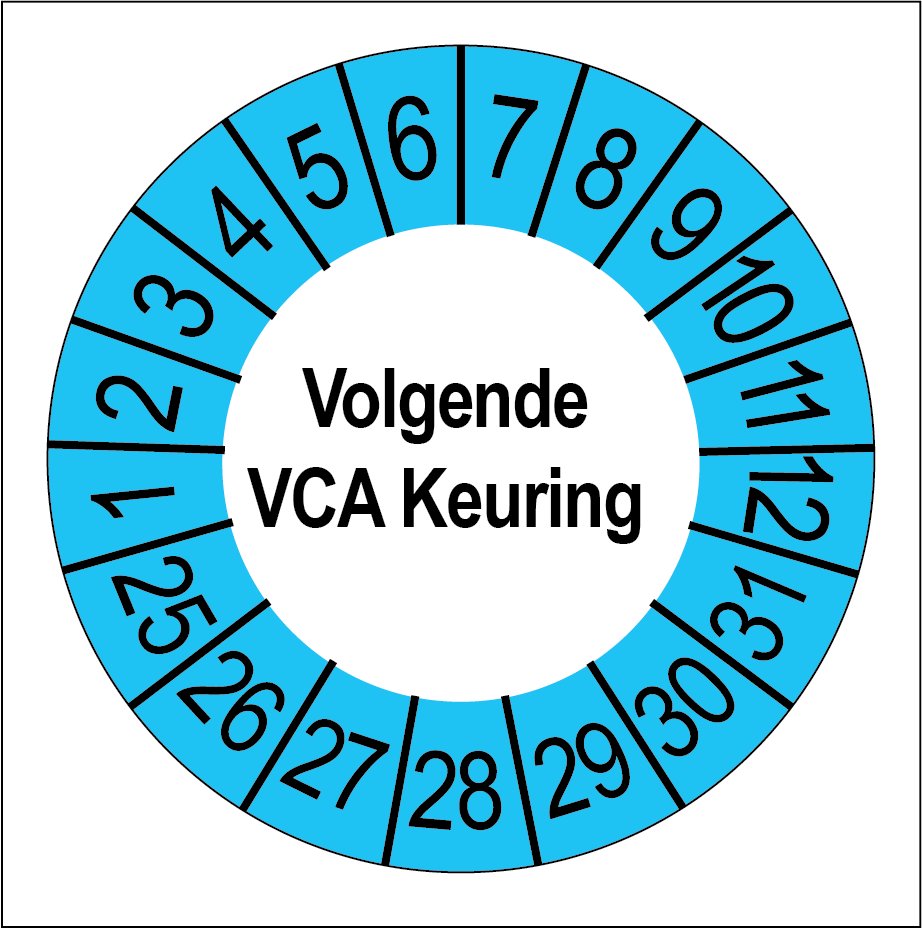 Keuringsstickers Volgende VCA Keuring Blauwe Buitenrand - Rond 35 mm - Ricard