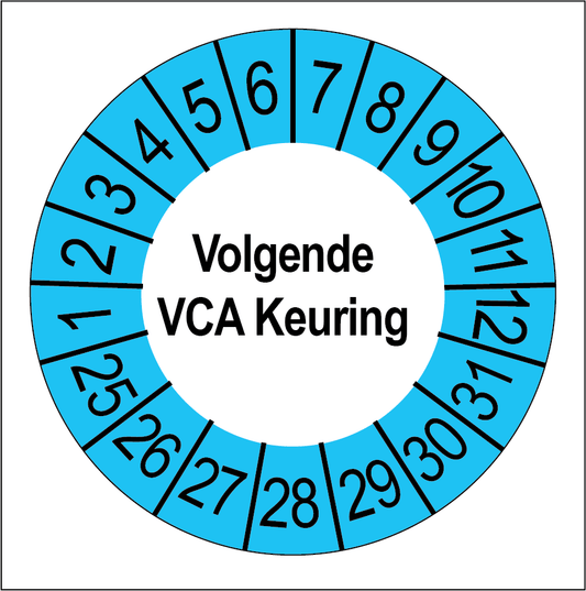 Keuringssticker Volgende VCA Keuring, wit met blauwe buitenrand, rond 35 mm vinyl