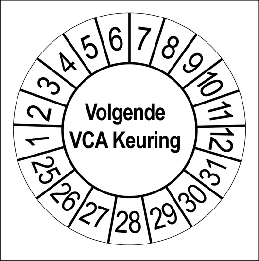 Keuringssticker Volgende VCA Keuring, wit met zwarte opdruk, rond 35 mm vinyl