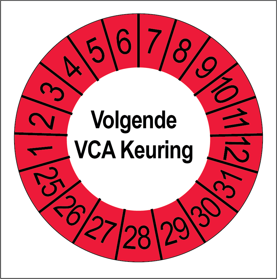 Keuringsstickers Volgende VCA Keuring Rode Buitenrand - Rond 35 mm - Ricard