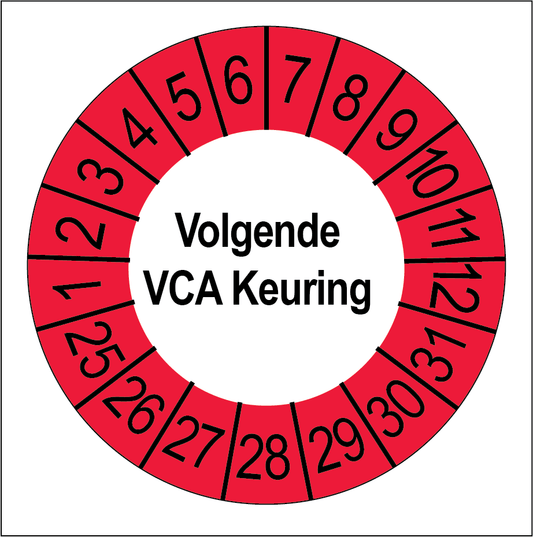 Keuringssticker Volgende VCA Keuring, wit met rode buitenrand, rond 35 mm vinyl