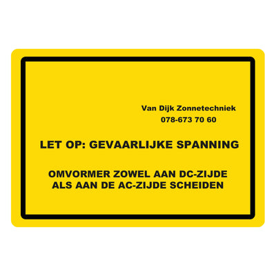 Waarschuwingssticker omvormer scheiden 74 x 52 mm zonder logo, met alleen de bedrijfsnaam en het telefoonnummer erbij