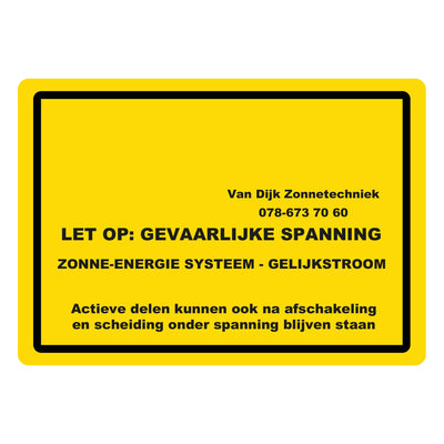 Waarschuwingssticker zonne-energie gelijkstroom 74 x 52 mm zonder logo, met alleen de bedrijfsnaam en het telefoonnummer erbij