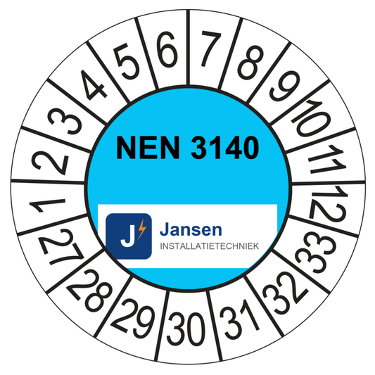 Voorbeeld: ronde keuringssticker 35 mm met eigen logo en keuringstekst, blauw middenvlak, jaarreeks 2027-2033