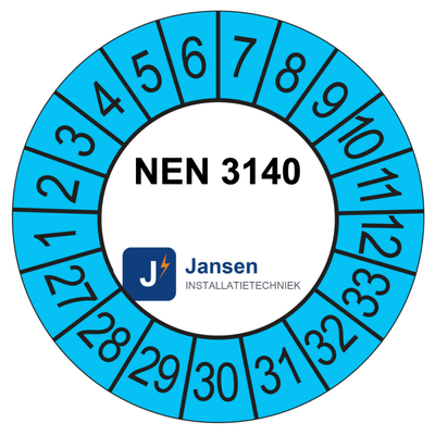 Voorbeeld: ronde keuringssticker 35 mm met eigen logo en keuringstekst, blauwe buitenring, jaarreeks 2027-2033