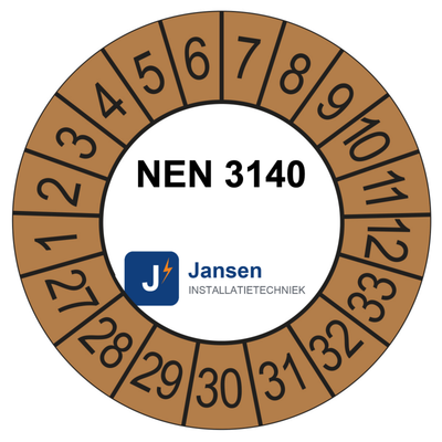 Voorbeeld: ronde keuringssticker 35 mm met eigen logo en keuringstekst, bruine buitenring, jaarreeks 2027-2033