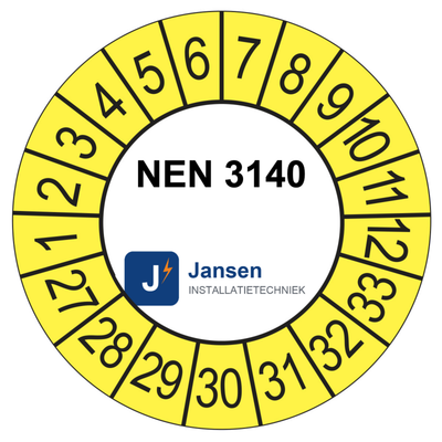 Voorbeeld: ronde keuringssticker 35 mm met eigen logo en keuringstekst, gele buitenring, jaarreeks 2027-2033