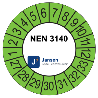 Voorbeeld: ronde keuringssticker 35 mm met eigen logo en keuringstekst, groene buitenring, jaarreeks 2027-2033