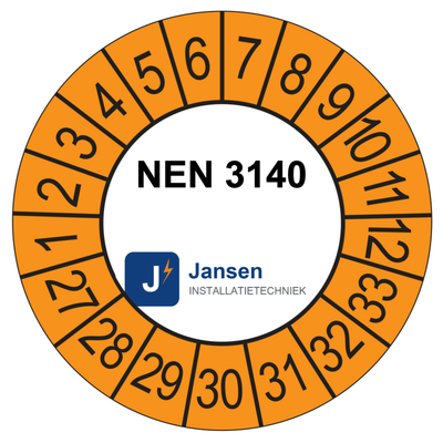 Voorbeeld: ronde keuringssticker 35 mm met eigen logo en keuringstekst, oranje buitenring, jaarreeks 2027-2033