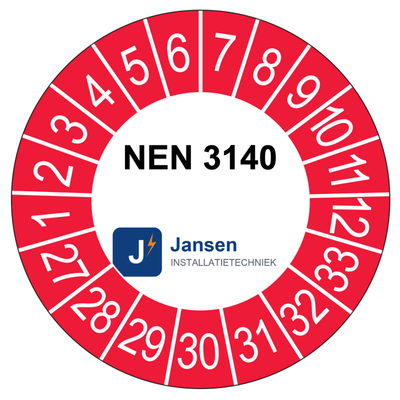 Voorbeeld: ronde keuringssticker 35 mm met eigen logo en keuringstekst, rode buitenring, jaarreeks 2027-2033