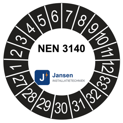 Voorbeeld: ronde keuringssticker 35 mm met eigen logo en keuringstekst, zwarte buitenring, jaarreeks 2027-2033