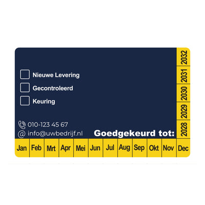 Keuringssticker 8x5 cm, donkerblauw met witte tekst en gele rand