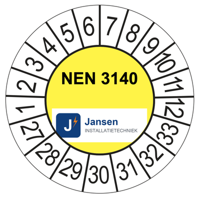 Voorbeeld: ronde keuringssticker 35 mm met eigen logo en keuringstekst, geel middenvlak, jaarreeks 2027-2033