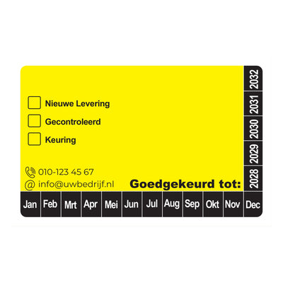 Keuringssticker 8x5 cm, geel vlak met zwarte tekst