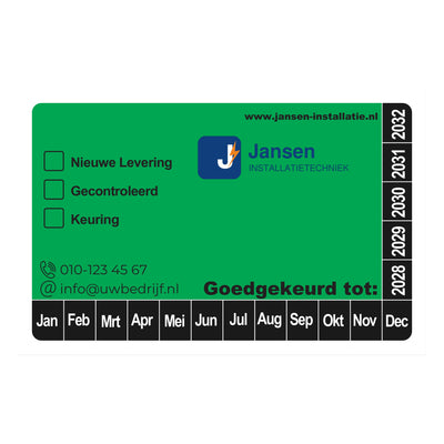 Keuringssticker 8x5 cm, groen vlak met zwarte rand en een eigen logo