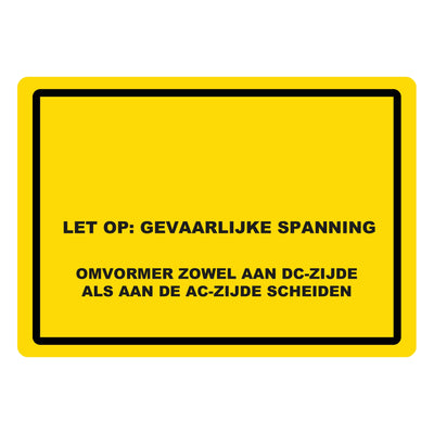 Waarschuwingssticker omvormer scheiden 74 x 52 mm zoals hij eruitziet zonder logo, met alleen de waarschuwingstekst