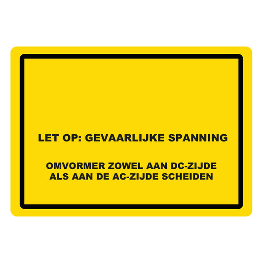 Waarschuwingssticker omvormer scheiden 74 x 52 mm zoals hij eruitziet zonder logo, met alleen de waarschuwingstekst