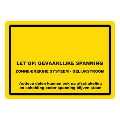 Waarschuwingssticker zonne-energie gelijkstroom 74 x 52 mm zoals hij eruitziet zonder logo, met alleen de waarschuwingstekst