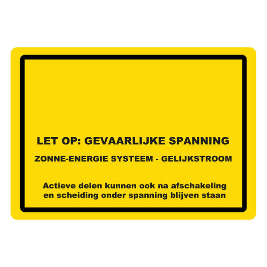 Waarschuwingssticker zonne-energie gelijkstroom 74 x 52 mm zoals hij eruitziet zonder logo, met alleen de waarschuwingstekst