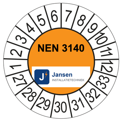 Voorbeeld: ronde keuringssticker 35 mm met eigen logo en keuringstekst, oranje middenvlak, jaarreeks 2027-2033