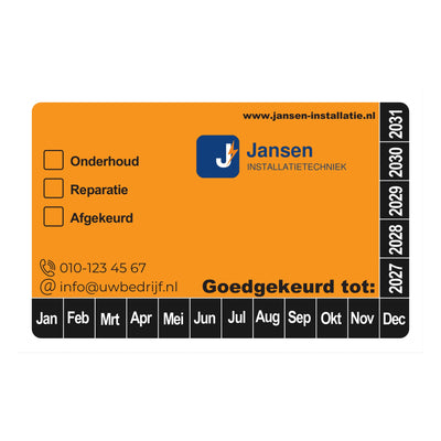 Keuringssticker 8x5 cm, oranje vlak met eigen aankruisvakjes en logo