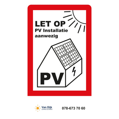 PV-sticker met het waarschuwingsplaatje bovenaan en het logo onderin