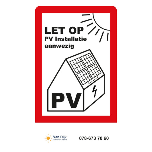 PV-sticker met het waarschuwingsplaatje bovenaan en het logo onderin
